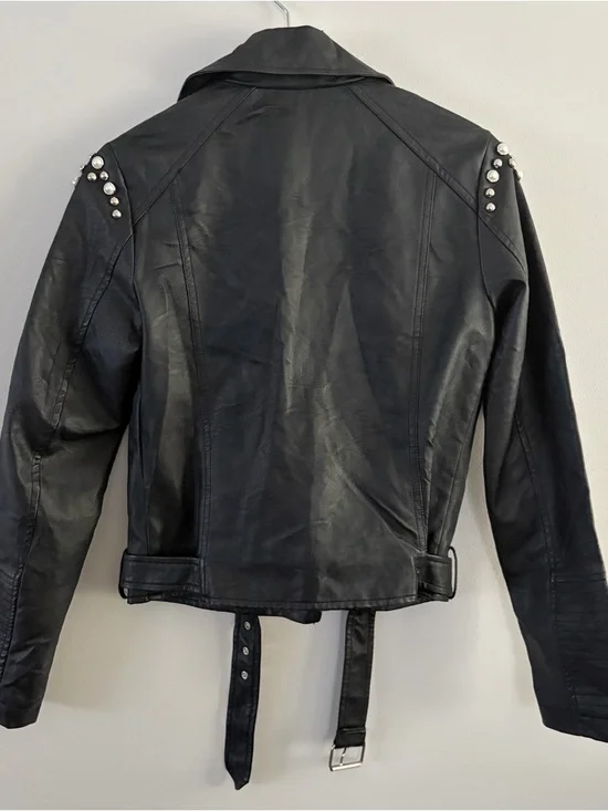 Black Stud-Embellished Faux Leather Moto Jacket - Picture 3 of 4